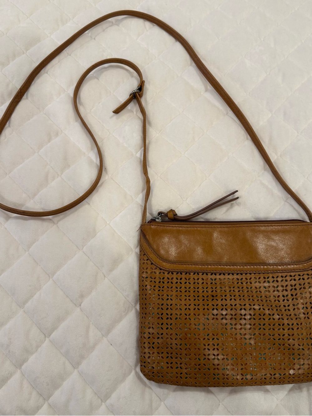 HOBO Tan Leather Perforated Crossbody Bag Laser Cut Vintage The Original Purse